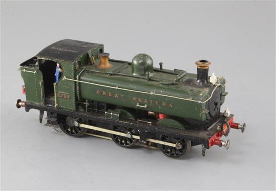 A scratch built 0-6-0 Pannier locomotive, number 5758, GW green livery, with switch for reversing for shunting, overall 23cm